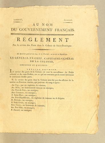 Liberté. Egalité. Au nom du gouvernement français. Règlement sur le service des ports dans la colonie de Saint-Domingue by France cover
