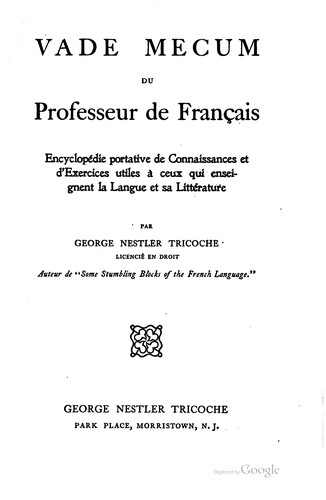 Vade Mecum du professeur de Francais by George Nestler Tricoche cover