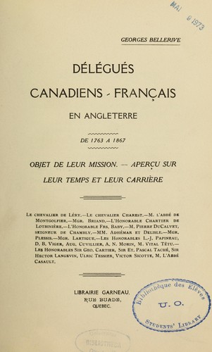 Délégués canadiens-français en Angleterre de 1763 à 1867 by Georges Bellerive cover
