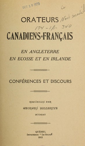 Orateurs canadiens-français en Angleterre, en Ecosse et en Irlande by Georges Bellerive cover