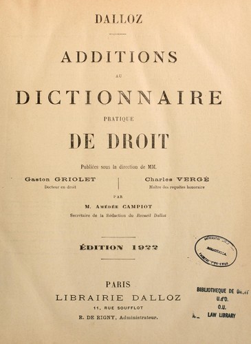 Additions au dictionnaire pratique de droit by Gaston Griolet cover