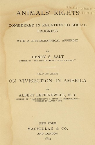 Animals' rights considered in relation to social progress by Henry Stephens Salt cover