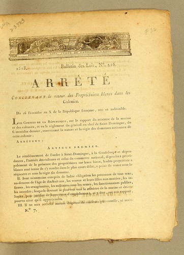 Arrêté concernant le retour des propriétaires blancs dans les colonies by France cover