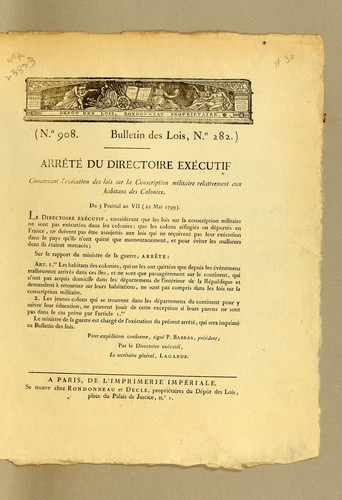 Arrêté du Directoire exécutif, concernant l'exécution des lois sur la conscription militaire relativement aux habitans des colonies. Du 3 prairial an VII (22 mai 1799) by France cover