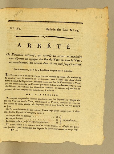 Arrêté du Directoire exécutif, qui accorde des secours en numeraire aux déportés ou refugies des iles du Vent ou sous le Vent, en remplacement des rations dont ils ont joui jusqu'a present. Du 28 brumaire, an V de la République française une et indivisible by France cover