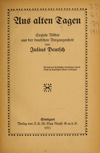 Aus alten Tagen by Deutsch, Julius cover