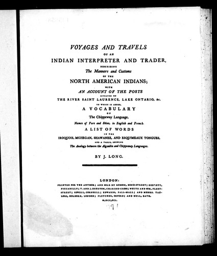 Voyages and travels of an Indian interpreter and trader by Long, John cover