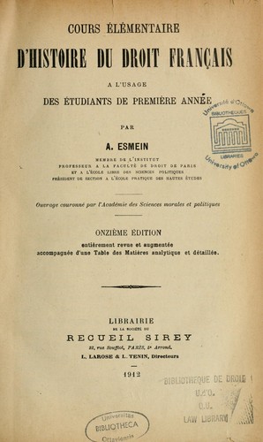 Cours élémentaire d'histoire du droit français by A. Esmein cover