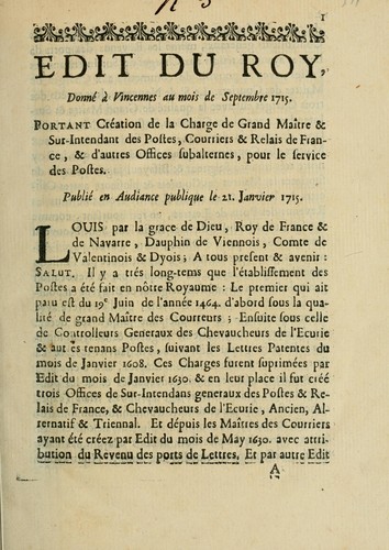 Déclaration du roi, donnée à Versailles le huitième jour de juillet 1759, portant augmentation du tarif des ports de lettres by France cover