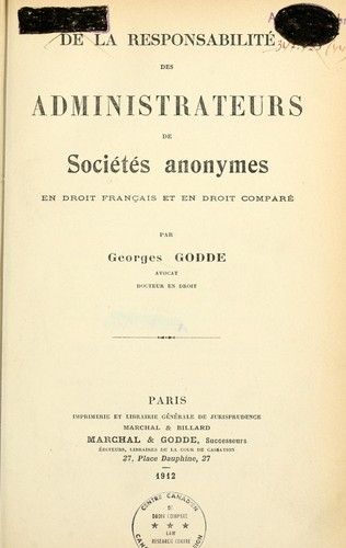 De la responsabilité des administrateurs de sociétés anonymes en droit français et en droit comparé by Georges Godde cover