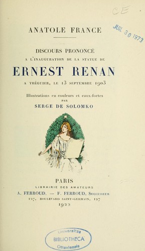Discours prononcé à l'inauguration de la statue de Ernest Renan à Tréguier, le 13 septembre 1903 by Anatole France cover