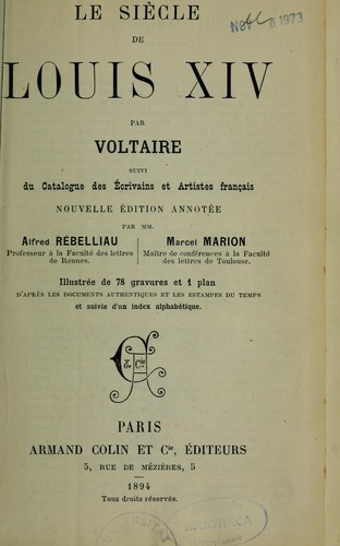 Le siècle de Louis XIV ... suivi du catalogue des écrivains et artistes français by Voltaire cover