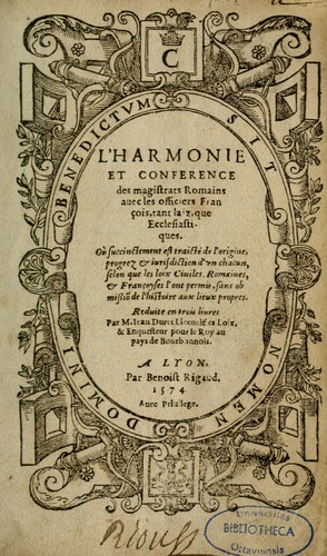 L'Harmonie et conférence des magistrats romains avec les officier français, tant laiz que ecclésiastiques... by Jean Duret cover