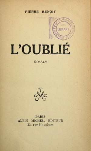 L'oublié, roman by Pierre Benoît cover