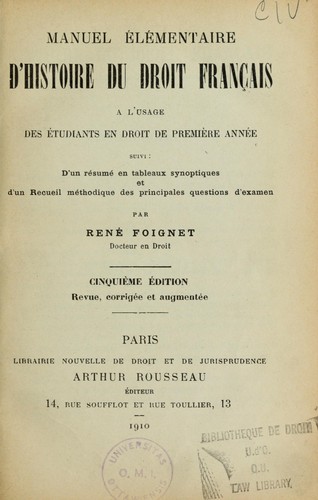 Manuel élémentaire d'histoire du droit français by René Foignet cover