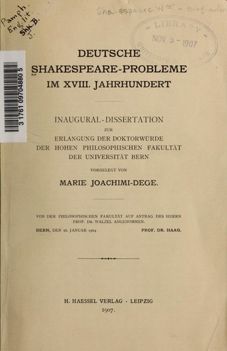 Deutsche Shakespeare-Probleme im XVIII. Jahrhundert by Marie S. Joachimi-Dege cover