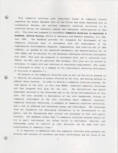 Community relations plan, Rocker Operable Unit emergency removal, Silver Bow Creek superfund site, southwestern Montana