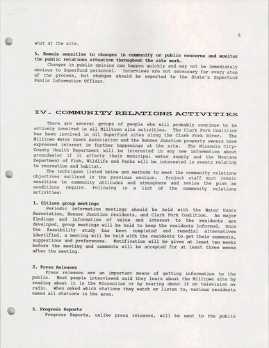 Community relations plan, Milltown Reservoir sediments superfund site, Milltown, Montana