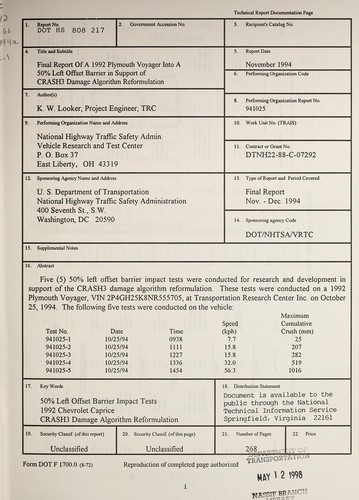 Final report of a 1992 Plymouth Voyager into a 50% left offset barrier in support of CRASH3 damage algorithm reformulation