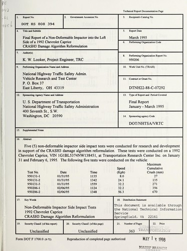 Final report of a non-deformable impactor into the left side of a 1992 Chevrolet Caprice CRASH3 damage algorithm reformulation