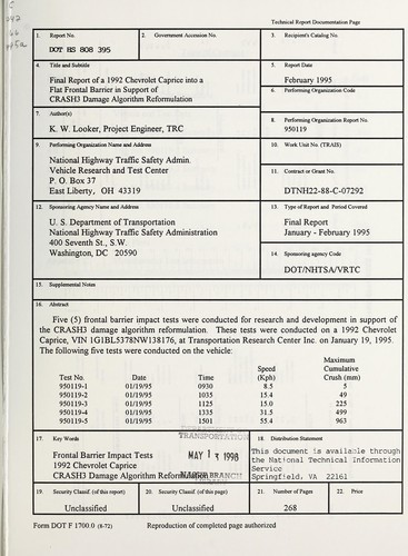 Final report of a 1992 Chevrolet Caprice into a flat frontal barrier in support of CRASH3 damage algorithm reformulation