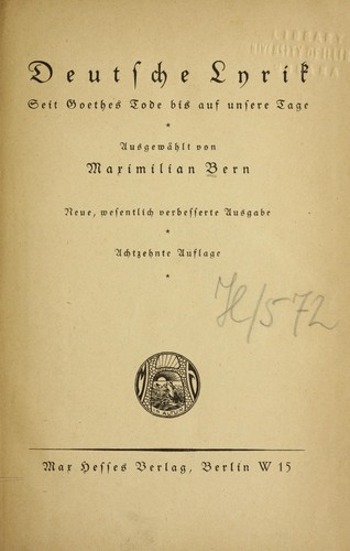 Deutsche Lyrik seit Goethes Tode bis auf unsere Tage by Maximilian Bern cover
