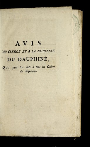 Avis au clerge  et a la noblesse du Dauphine by Dauphine  (France) cover