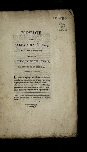 Notice sur Sylvain Maréchal, avec des supplémens pour le Dictionnaire des athées by Joseph Jérôme Le Français de Lalande cover