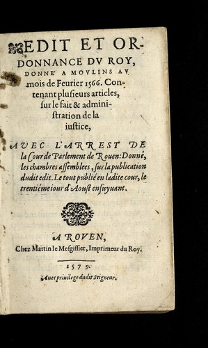 Edit et ordonnance dv Roy, donne  a Movlins av moisde Feurier 1566 by France cover