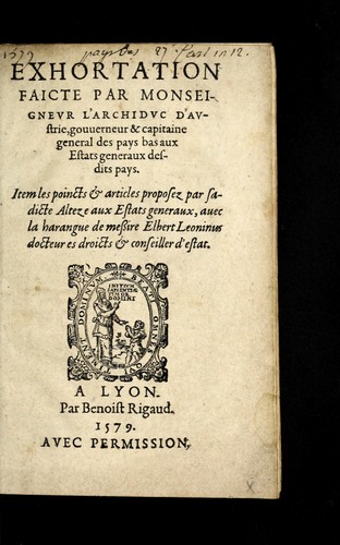 Exhortation faicte par Monseignevr l'Archidvc d'A vstrie by Matthias Holy Roman Emperor cover