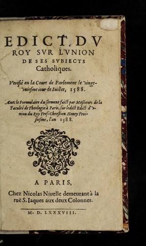 Edict dv Roy svr l'vnion de ses svbiects catholiques by France cover
