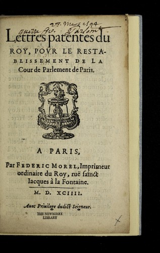 Lettres patentes du Roy, povr le restablissement de la cour de Parlement de Paris by France cover