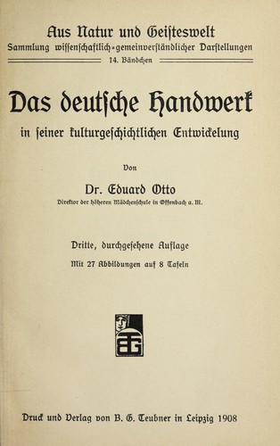 Das deutsche handwerk in seiner kulturgeschichtelichen entwickelung by Eduard Otto cover