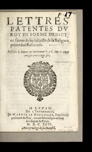Lettres patentes du roy en forme d'edict en faueur de ses subjectz de la religion pretendue  reforme e. by France cover