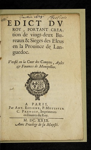 Edict dv Roy, portant creation de vingt-deux bureaux & sieges des eleus en la prouince de Languedoc by France cover