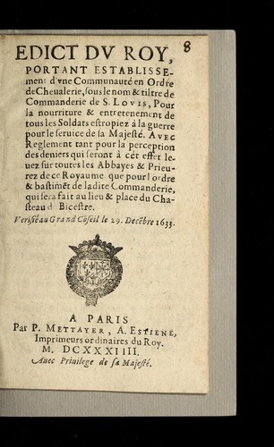 Edict du roy portant establissement d'vne communaute  en Ordre de Cheualerie by France cover