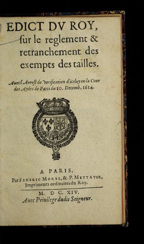 Edict dv Roy, sur le reglement & retranchement des exempts des tailles by France cover