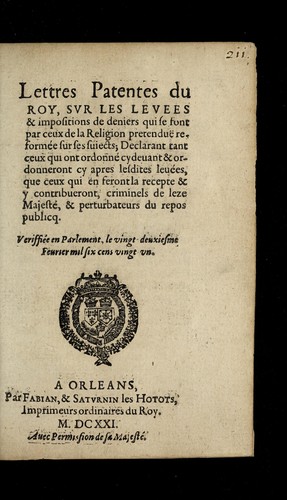 Lettres patentes du roy, sur les leuees & impositions de deniers qui se font par ceux de la religion pretendue  reforme e sur ses suiects ... by France cover