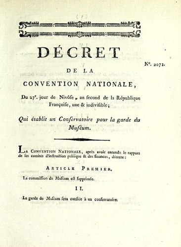Décret de la Convention nationale, du 27e jour de nivôse, an second de la République françoise, une & indivisible, qui établit un conservatoire pour la garde du Muséum by France cover