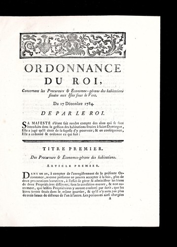 Ordonnance du roi, concernant les procureurs & economes-ge rans des habitations situe es aux Isles sous le Vent by France cover