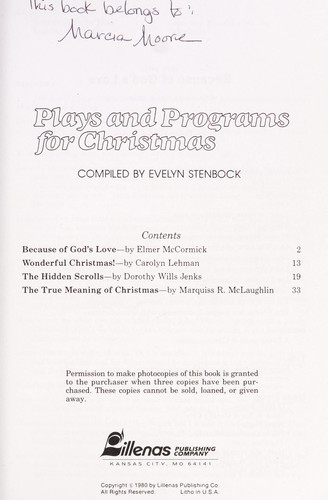Plays and Programs for Christmas by Evelyn Stenbock cover