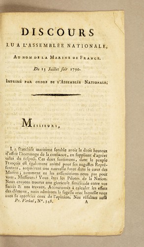 Discours lu a l'Assemblée nationale, au nom de la Marine de France. Du 13 juillet 1790 by France. Marine cover
