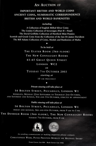 An auction of important British and world coins, ... numismatic correspondence, ... including ... the Linden collection of sovereigns (part II - final), the David Griffiths collection of Hertford Mint pennies, Scottish and Greek coins from the collection of the late Dr. James Davidson, the Bill Adams collection of coins, medals and banknotes of Malta ...