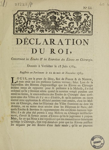 D©♭claration du Roi, concernant les ©♭tudes & les exercices des ©♭leves en chirurgie by France cover