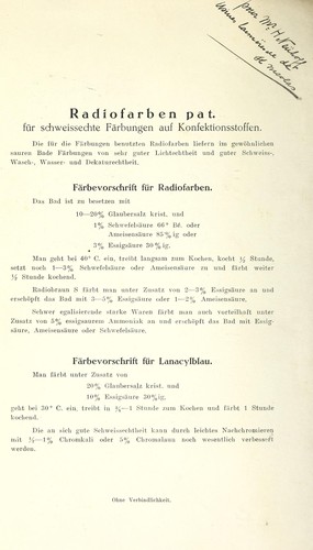 Radiofarben pat. für schweissechte Färbungen auf Konfektionsstoffen = by Leopold Cassella & Co cover
