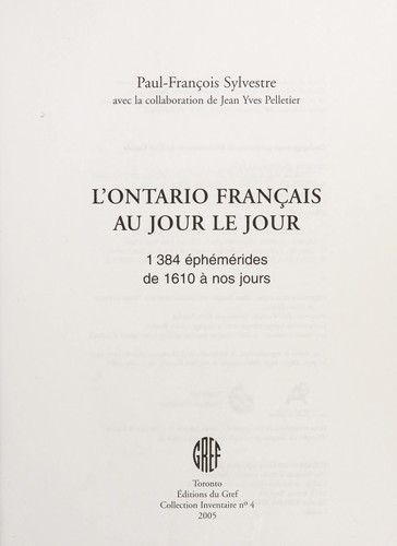 L'Ontario Francais Au Jour Le Jour by Paul-Francois Sylvestre cover