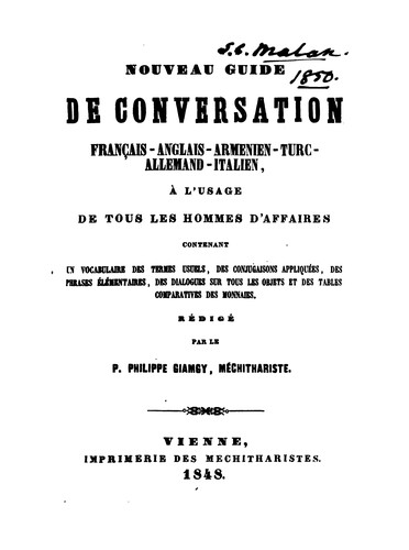 Nouveau guide de conversation français-anglais- rménien-turc-allemand-italien, à l'usage de tous ... by Philippe Giamgy cover