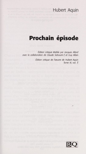 Prochain episode by Aquin, Hubert cover
