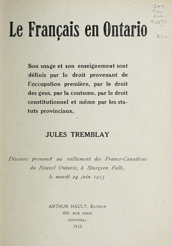Le Français en Ontario by Jules Tremblay cover