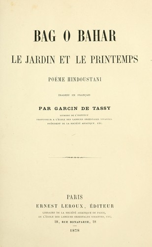 Bag o bahar; le jardin et le printemps, poême hindoustani. Traduit en français par Garcin de Tassy by Shamlah cover